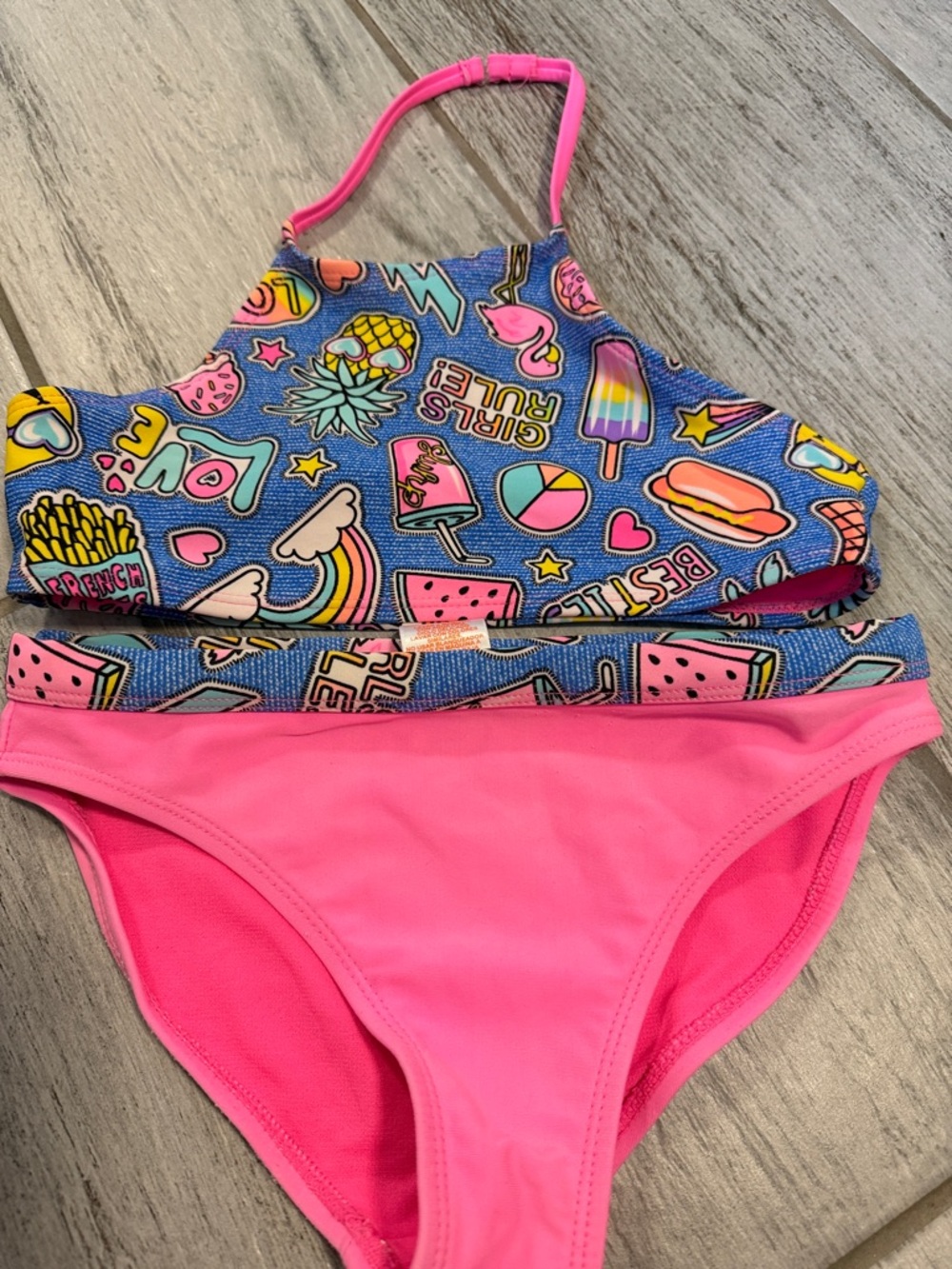 Girls Rule Girls' Pink Two-Piece Swim Set with Fun Graphic Top 7/8
